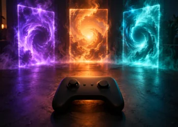 Glowing holographic game screens over a desk — new video game releases October 13-16, 2026