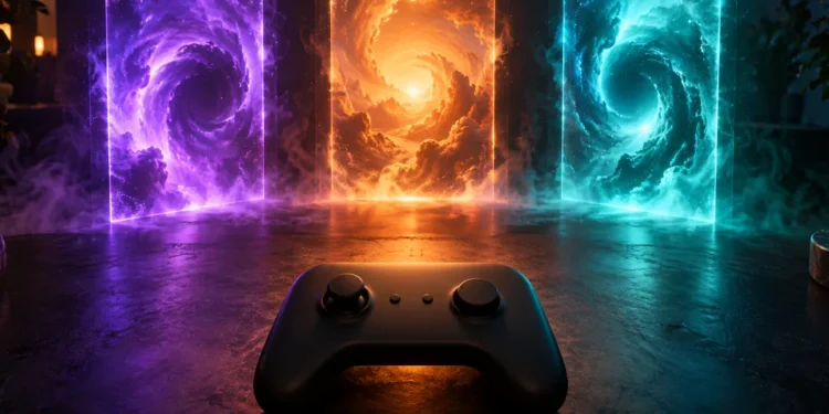Glowing holographic game screens over a desk — new video game releases October 13-16, 2026