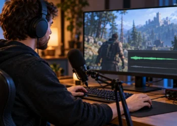 Gaming creator monitoring a separate game-audio waveform at a desk