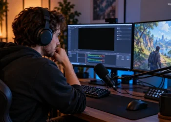 Streamer examining a dark capture preview beside an active game monitor