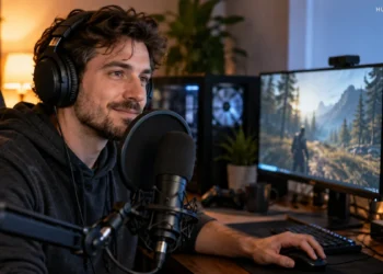 Gaming creator speaking into a microphone at a streaming desk