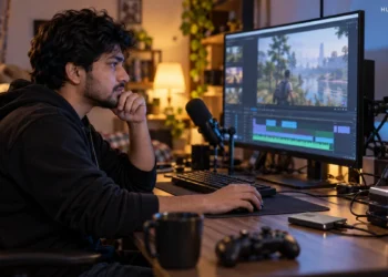 Bangladeshi gaming creator reviewing a saved recording at a desk