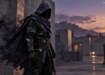 Omen-inspired Controller standing beside concrete cover at dusk