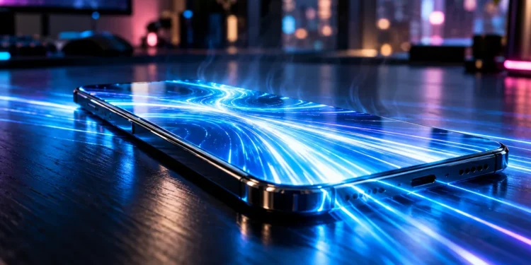 PUBG Mobile best graphics settings concept with a smartphone glowing with blue speed streaks