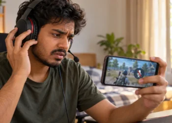Mobile gamer checking a muted microphone during a battle-royale match