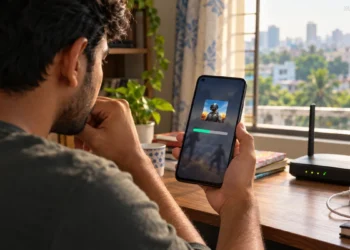 Person checking a stalled mobile game update beside a home router