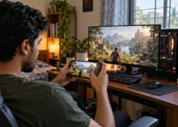 Bangladeshi gamer viewing matching PC game scenery on an Android phone
