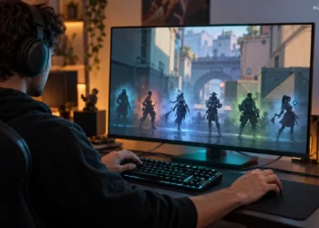 Gamer considering several tactical-shooter agents at a keyboard