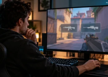 Gamer considering two weapon choices in a generic tactical game scene