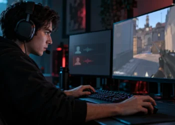 Focused gamer wearing a headset during a tactical shooter round