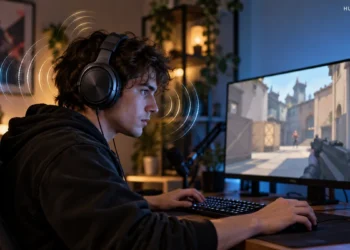 Gamer listening through headphones while playing a tactical game
