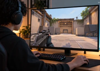 Gamer viewing a tactical practice scene with the weapon on the left side