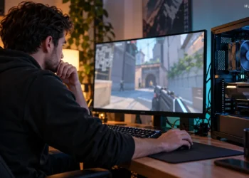 Gamer considering graphics settings beside an open desktop PC