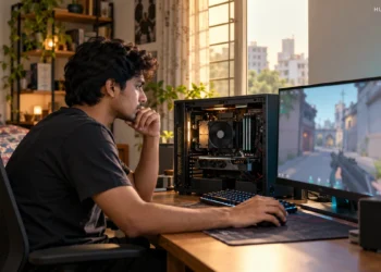 Gamer reviewing an open desktop computer beside a tactical game monitor