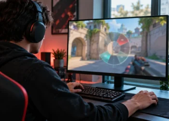 Gamer reviewing an abstract spray wheel on a tactical game monitor