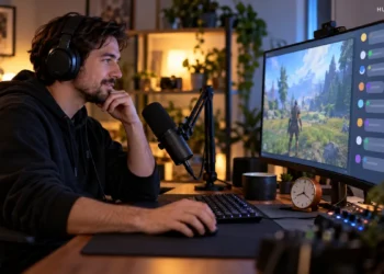 Gaming streamer reviewing a spaced live chat beside a desk clock