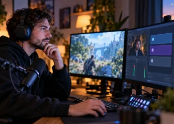 Streamer considering audience interaction beside a live gaming setup