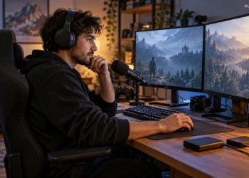 Gaming creator at a streaming desk with a separate local backup drive