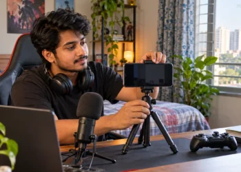 Gaming creator preparing a phone on a tripod for a possible broadcast